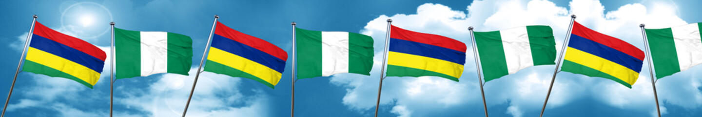 Mauritius flag with Nigeria flag, 3D rendering