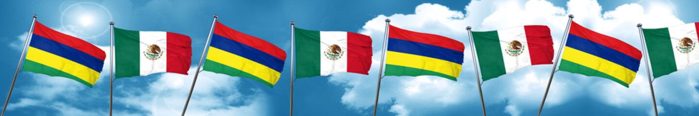 Mauritius flag with Mexico flag, 3D rendering