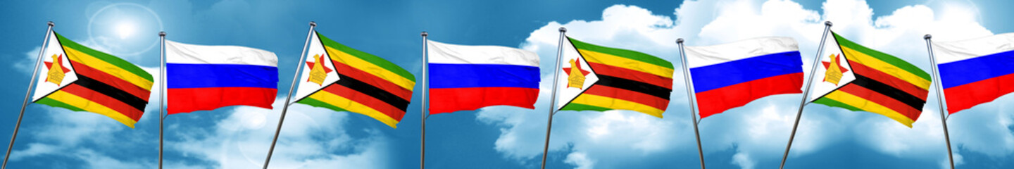 Zimbabwe flag with Russia flag, 3D rendering