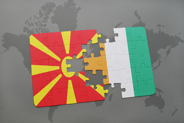 puzzle with the national flag of macedonia and cote divoire on a world map