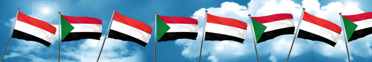 Fototapeta na wymiar Yemen flag with Sudan flag, 3D rendering