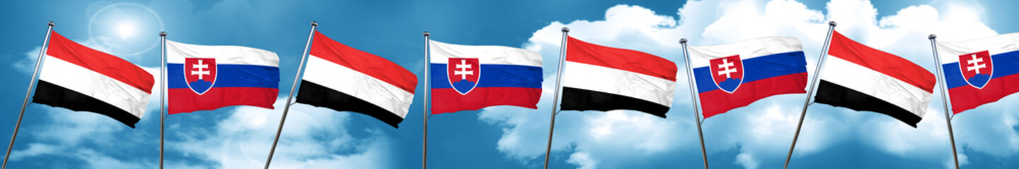 Fototapeta na wymiar Yemen flag with Slovakia flag, 3D rendering