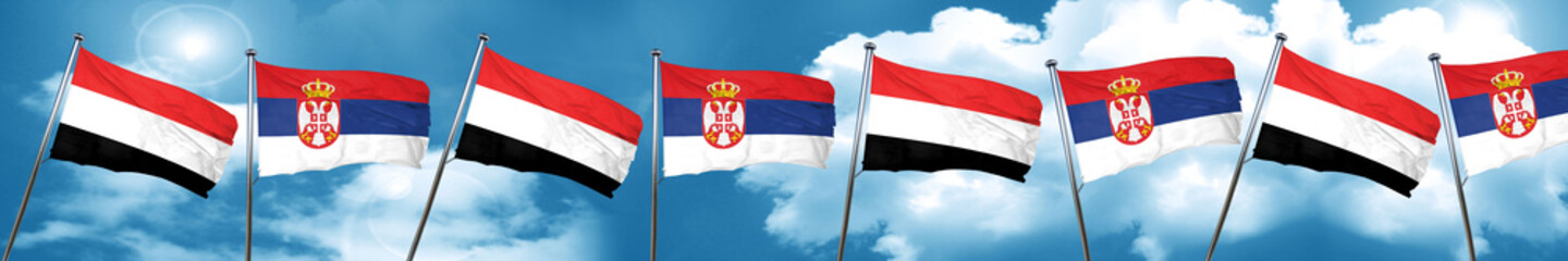 Yemen flag with Serbia flag, 3D rendering