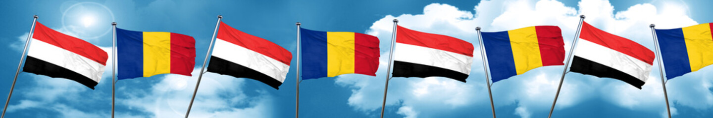 Yemen flag with Romania flag, 3D rendering