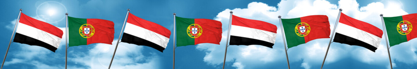 Fototapeta na wymiar Yemen flag with Portugal flag, 3D rendering