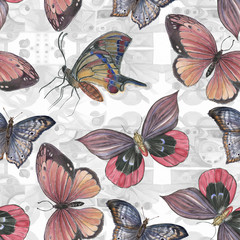 Watercolor painting seamless pattern with beautiful butterflies