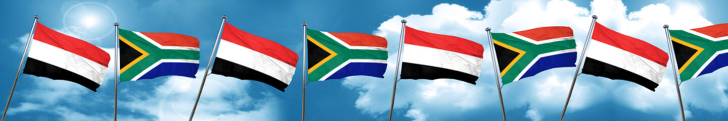Fototapeta na wymiar Yemen flag with South Africa flag, 3D rendering