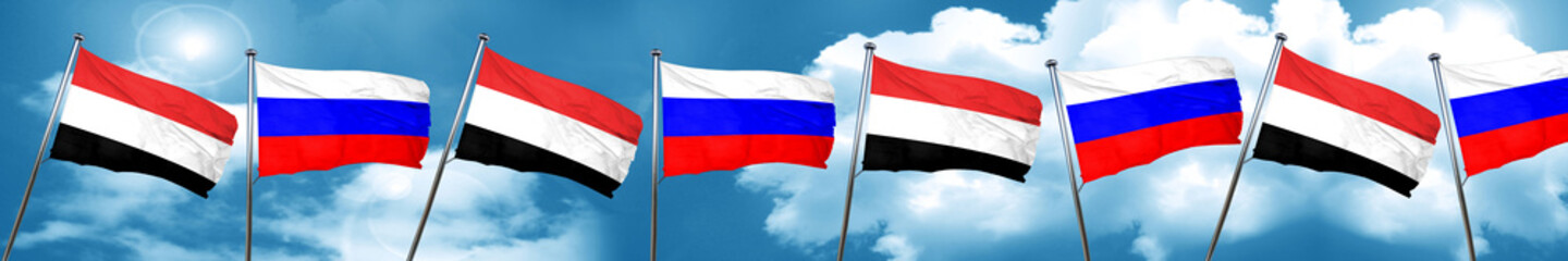 Yemen flag with Russia flag, 3D rendering