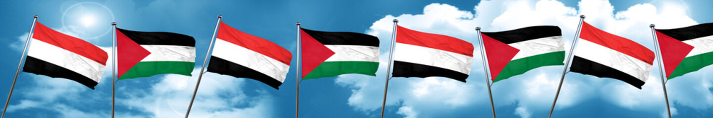 Fototapeta na wymiar Yemen flag with Palestine flag, 3D rendering