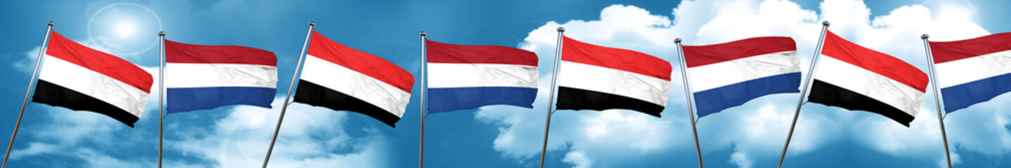 Fototapeta na wymiar Yemen flag with Netherlands flag, 3D rendering