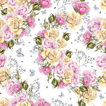 Bright watercolor flowers seamless pattern with roses and butter