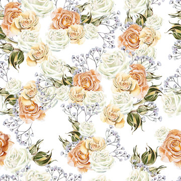 Bright watercolor seamless pattern with flowers roses and wildfl
