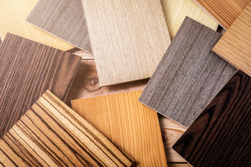 wooden laminate and veneer sample for interior design management  on old wooden floor