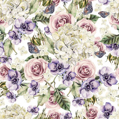 Bright watercolor seamless pattern with flowers  roses, anemones
