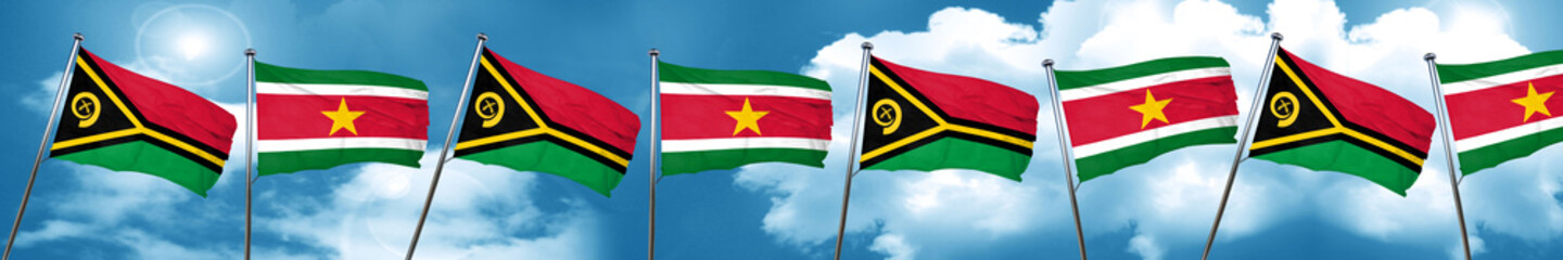 Vanatu flag with Suriname flag, 3D rendering