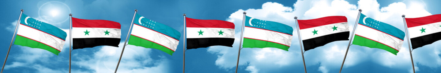 Uzbekistan flag with Syria flag, 3D rendering