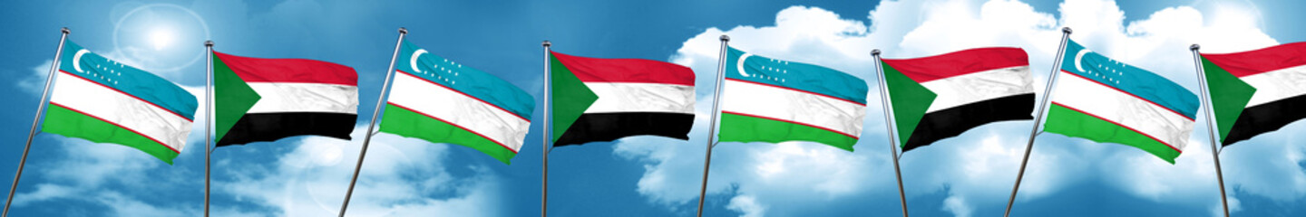 Uzbekistan flag with Sudan flag, 3D rendering