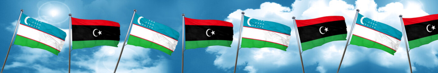 Uzbekistan flag with Libya flag, 3D rendering