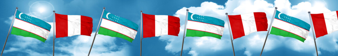 Uzbekistan flag with Peru flag, 3D rendering