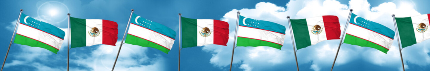 Fototapeta na wymiar Uzbekistan flag with Mexico flag, 3D rendering