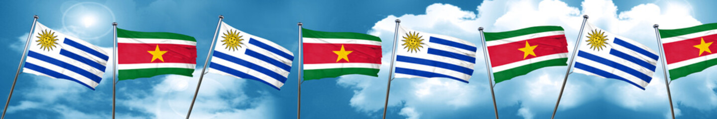 Uruguay flag with Suriname flag, 3D rendering
