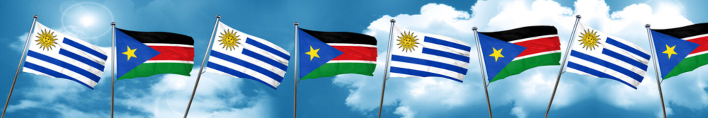 Uruguay flag with South Sudan flag, 3D rendering