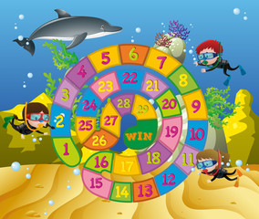 Boardgame template with kids and dolphin underwater