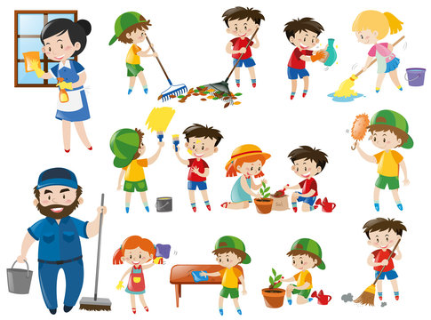 Adults and kids in various cleaning positions