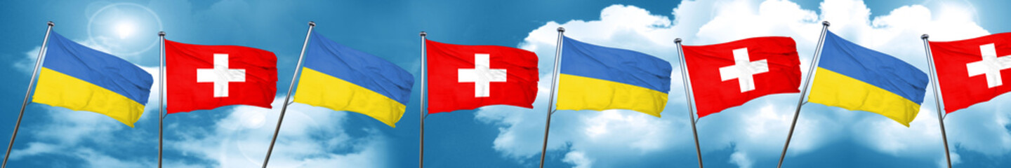 Ukraine flag with Switzerland flag, 3D rendering