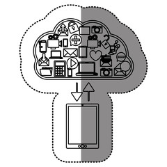 sticker with cloud service with apps set and tablet . Vector illustration