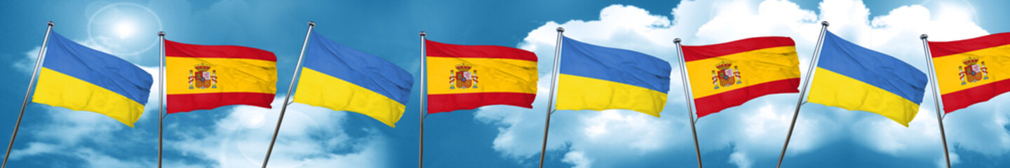 Ukraine flag with Spain flag, 3D rendering