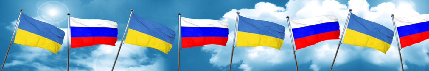 Ukraine flag with Russia flag, 3D rendering