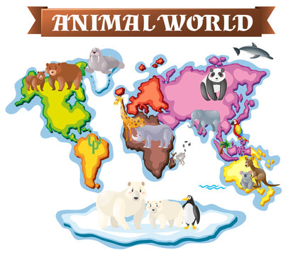 Animals in different parts of the world on map