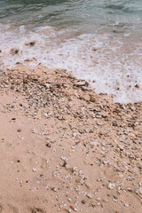 Closeup of the sand with stones and shells of the Indian ocean beach 