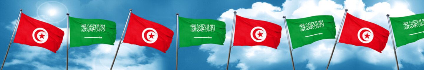 Tunesia flag with Saudi Arabia flag, 3D rendering