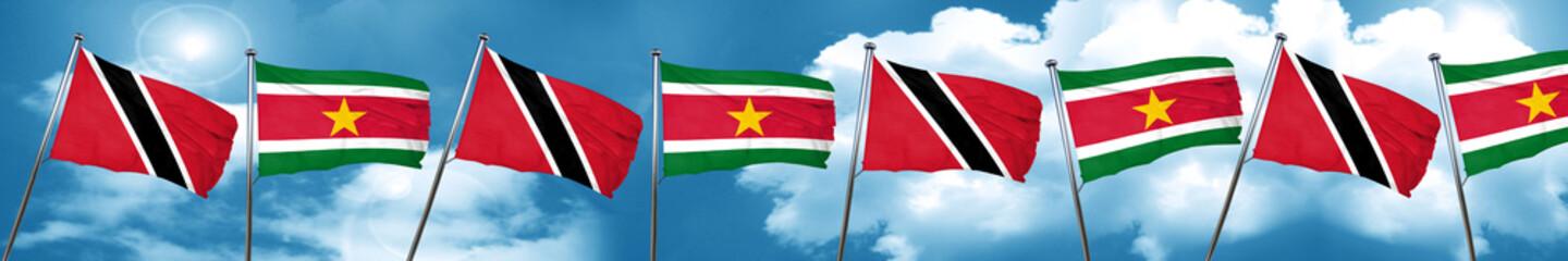 Trinidad and tobago flag with Suriname flag, 3D rendering