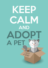 International homeless animals day. Keep calm an adopt a pet text. Cat rescue, protection, adoption concept. Flyer, poster template. Vector illustration