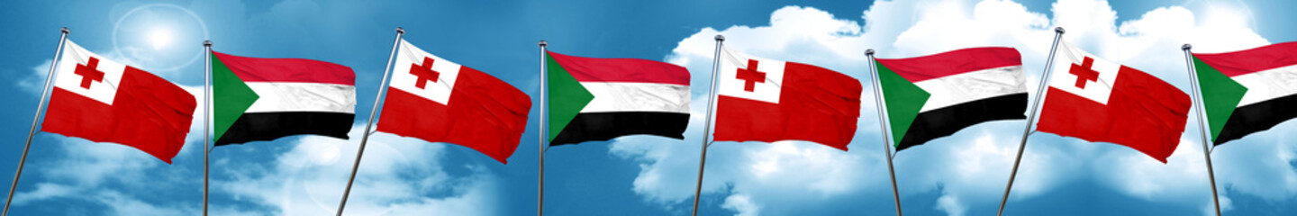Tonga flag with Sudan flag, 3D rendering