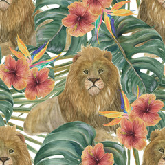 Watercolor painting seamless pattern with lion and palm leaves, hibiscus flowers