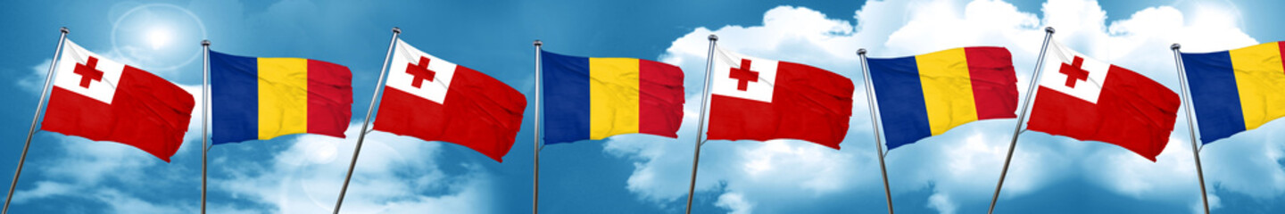 Naklejka na ściany i meble Tonga flag with Romania flag, 3D rendering