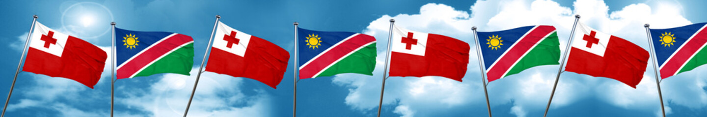 Tonga flag with Namibia flag, 3D rendering