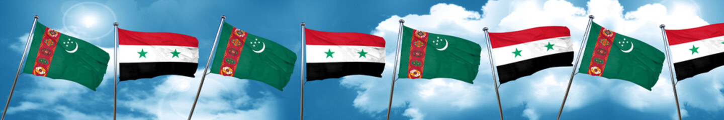 Turkmenistan flag with Syria flag, 3D rendering