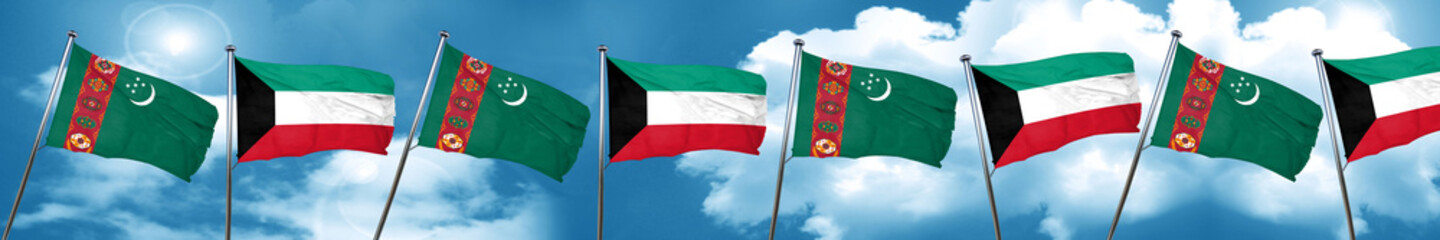 Turkmenistan flag with Kuwait flag, 3D rendering