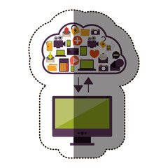 color sticker with cloud service with apps set and desktop computer vector illustration