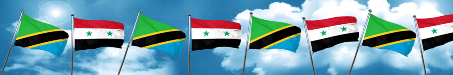 Tanzanian flag with Syria flag, 3D rendering