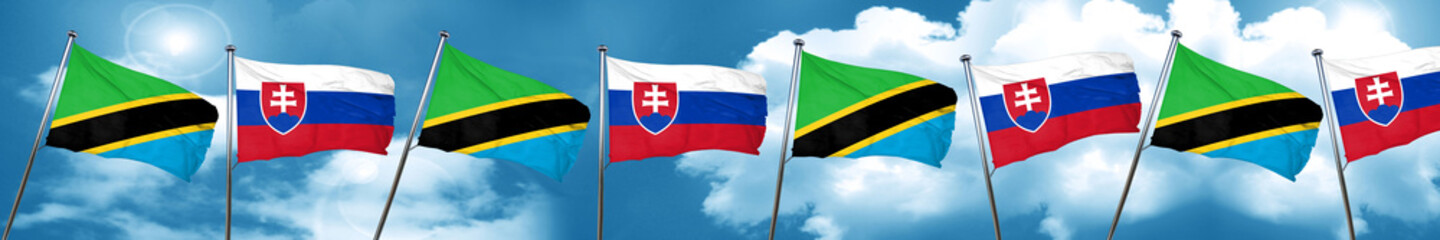 Tanzanian flag with Slovakia flag, 3D rendering