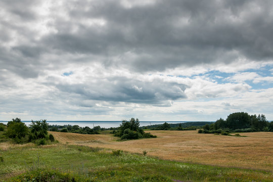 summer rural hilly landscape. the agricultural field under the cloudy sky