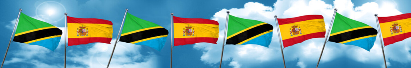 Tanzanian flag with Spain flag, 3D rendering