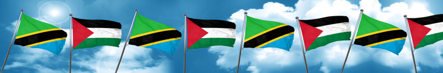 Tanzanian flag with Palestine flag, 3D rendering