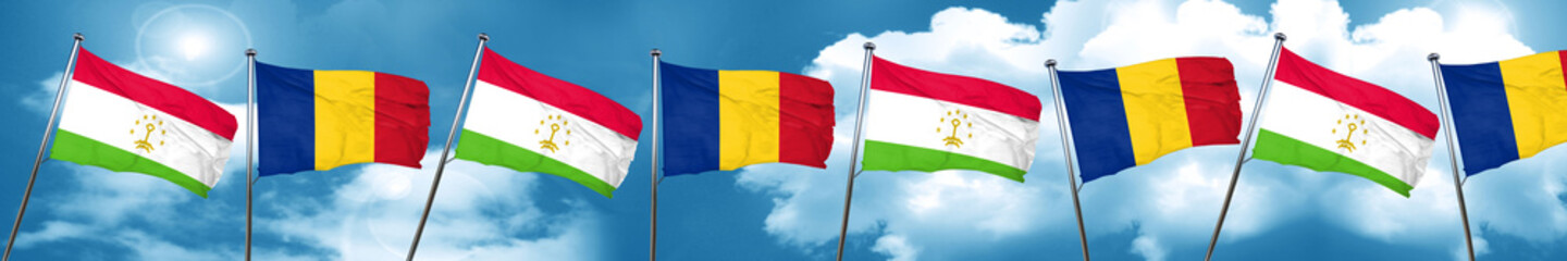 Tajikistan flag with Romania flag, 3D rendering